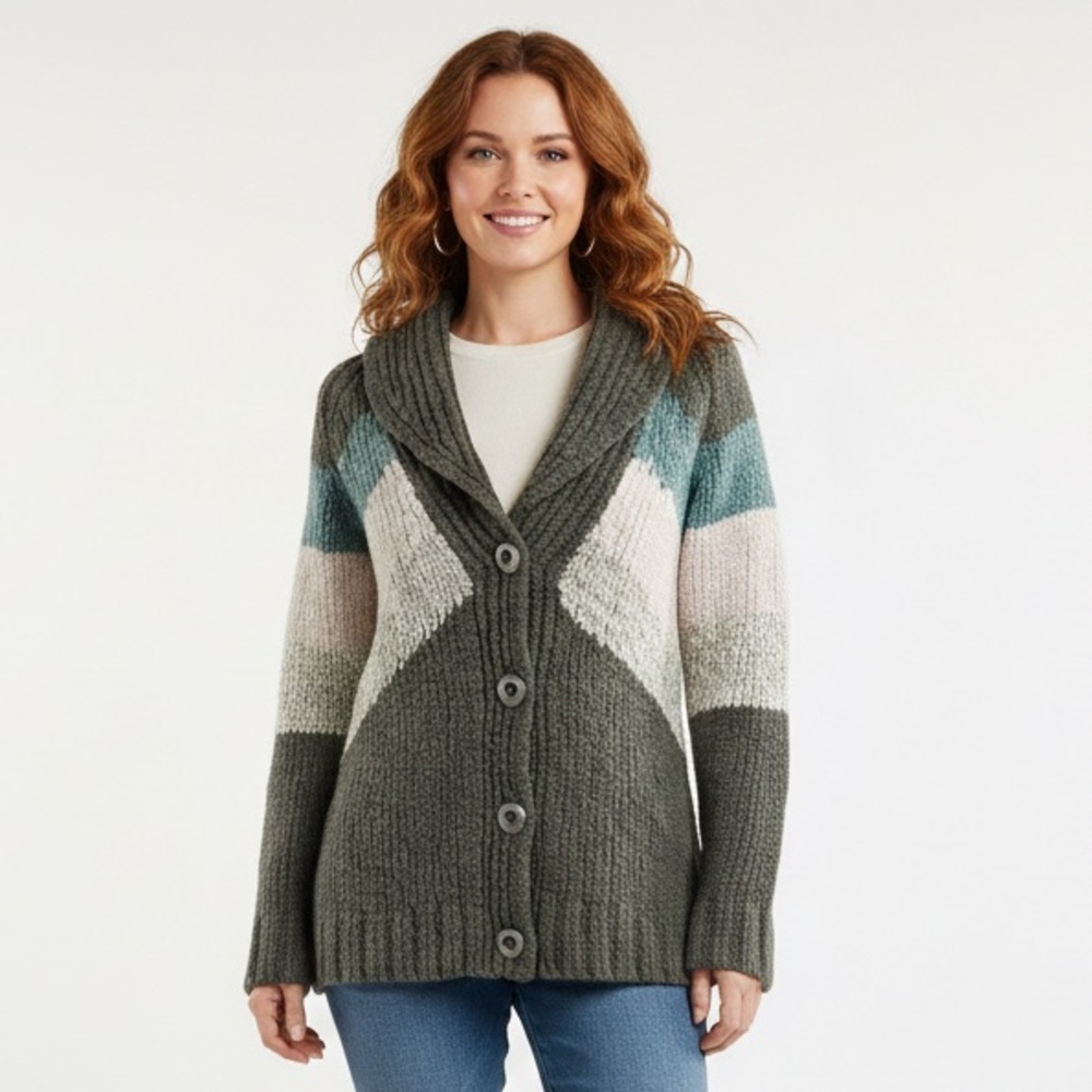 Free People Chunky Knit Shawl Collar Geometric Cardigan Sweater